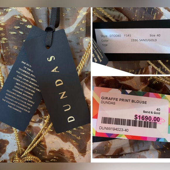DUNDAS SILK $1690 GIRAFFE ANIMAL PRINT METALLIC TASSEL BLOUSE TOP NEW TAGS ITALY - Picture 7 of 10